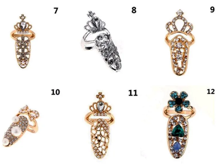 Finger Nail Art Rings met Side Stenen Kleurrijke Crystal Rhinestone Knuckle Fingernail Tail Ring Crown Cover Bescherm Nails Charms Sieraden