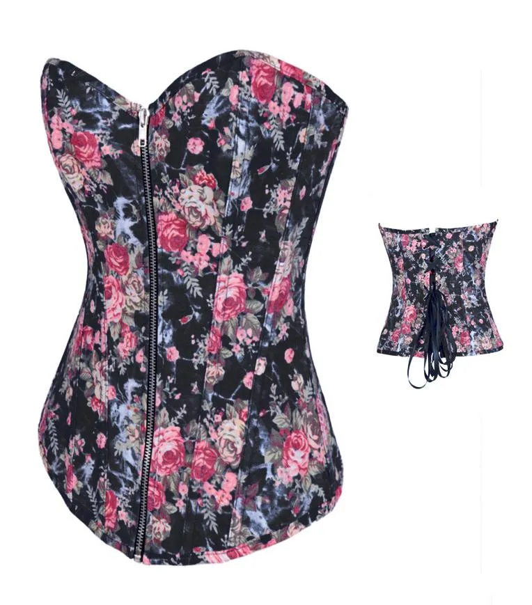 Sexy Women Shapewear Tight Lacing Flowers Floral Print Black Latex Corset  Zipper Denim Bustier Crop Top Strapless Corselet S XXL From My11, $29