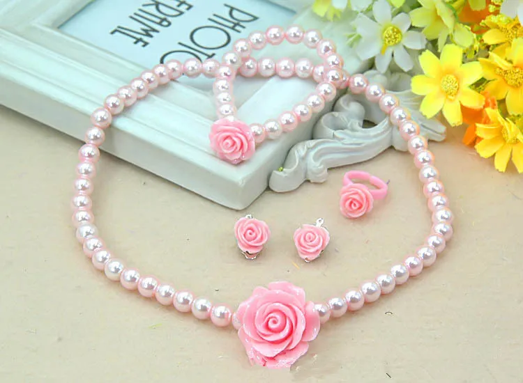 Conjunto de joyería para niños, elegante collar de perlas para niñas pequeñas con colgante de corona, pulsera de perlas, conjunto de pendientes de perlas - México Conjunto de joyería para niños, elegante collar de perlas para niñas pequeñas con colgante de corona, pulsera de perlas, conjunto de pendientes de perlas - México