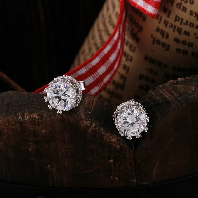 Vecalon 여성 크라운 귀걸이 2ct 다이아몬드 Cz 925 스털링 실버 파티 웨딩 스터드 귀걸이 여성을위한 패션 쥬얼리