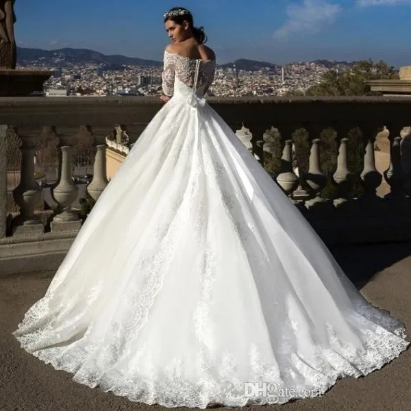 2017 New Sexy A Line Wedding Dresses Off Shoulder Half Sleeves Tulle Lace Appliques Court Train With Belt Wedding Gowns Custom Bridal Dress