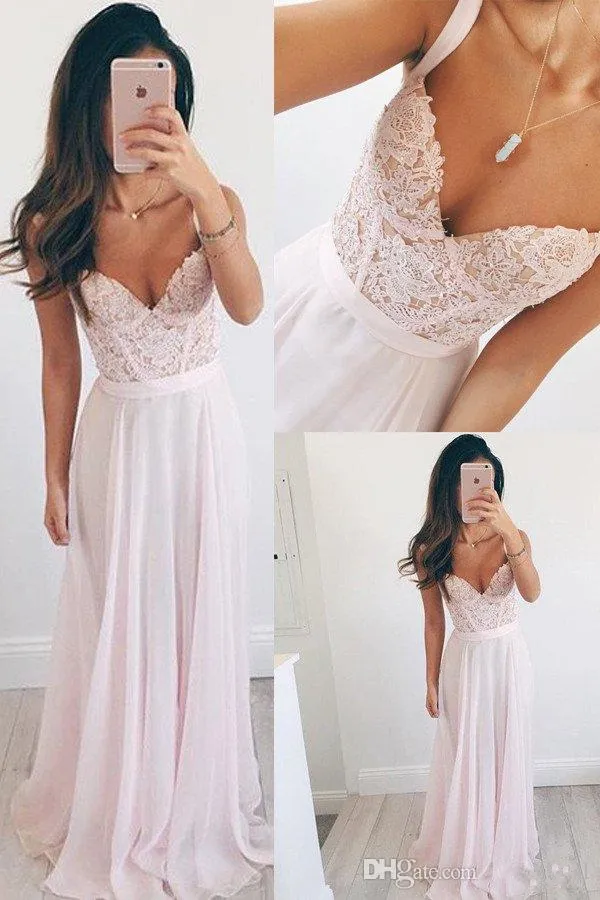 Light Pink Lace Top Prom Dresses Sexy Sweetheart Chiffon Long Evening Dresses vestido de festa longo Graduation Party Dresses Customize