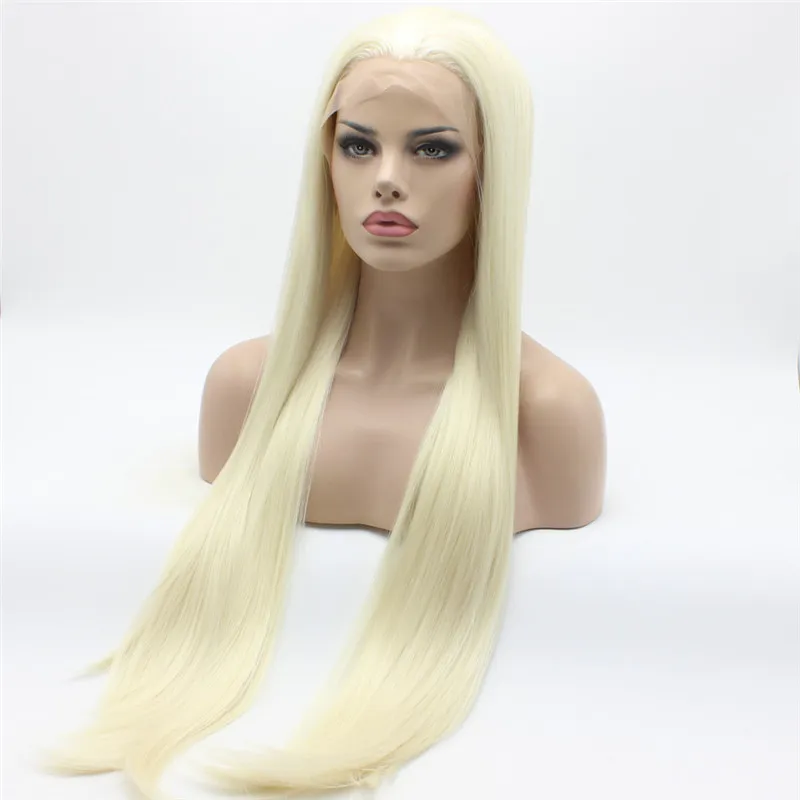 Iwona hår rakt extra lång vit ljus blond blanda peruk 22 # 1001/613 Halvhandbundna värmebeständiga syntetiska spetsfront peruker