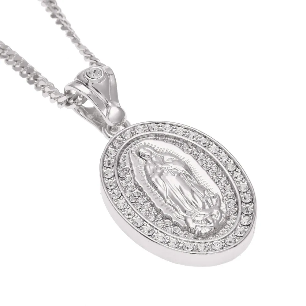 Iced OUT Oval jungfru Mary Pendant Hip Hop Jewelry Alloy Bling Rhinestone Crystal Golden Silver Necklace Cuban Chain257T