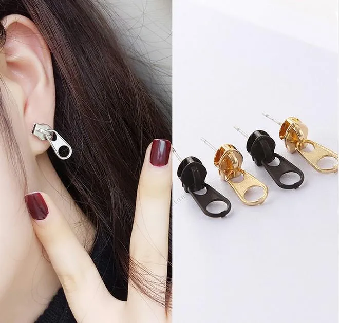 Punk Zip Zip Zap Stud Earrings Gothic Silver Gold Black Tone Stainless Steel Ear Pins Ear Studs