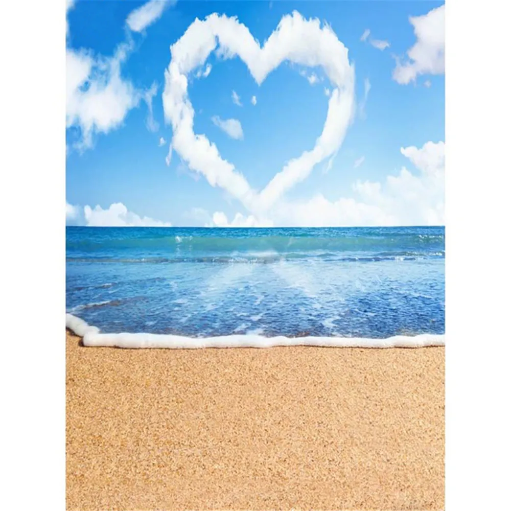 Romantic Love Heart Shape Cloud Blue Sky Tropical Beach Themed Backdrop Sandy Floor Summer Holiday Seaside Wedding Photography Backdrops