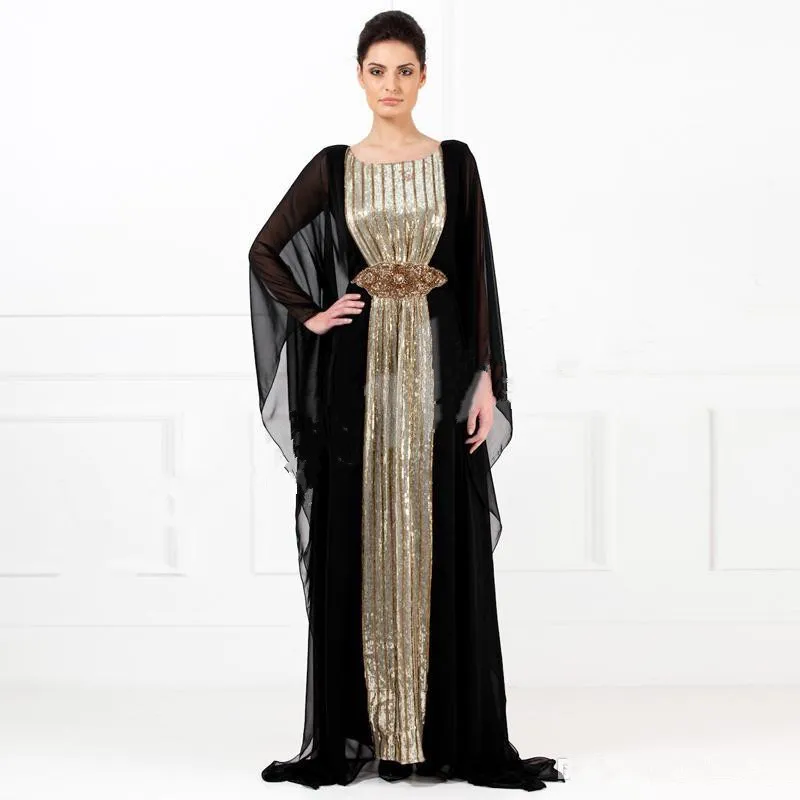 2019 avondjurken zwarte chiffon gouden pailletten Abayas Arabische Dubai Moslim Kaftan Jurken A-lijn Kristallen Moeder van de Bruid Avondjurken