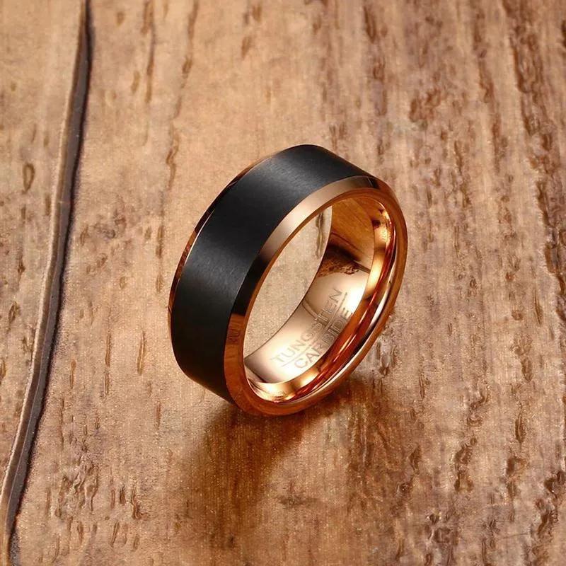 Men's 8mm Black Rose Gold Color Tungsten Wedding Band Rings Anniversary Ring Comfort Fit Free Engraving
