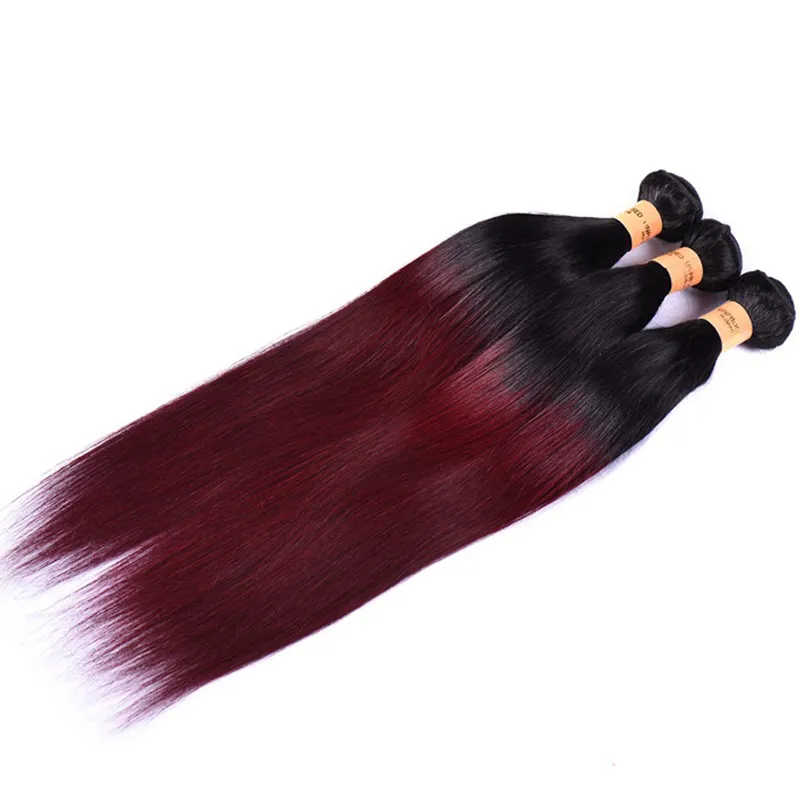 Passion Ombre Straight Hair Weaves 4 buntar Mörkröd 1B 99J Burgundy Brasiliansk Virgin Hair 100% Human Hair Weave Buntar