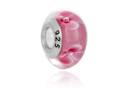 925 Sterling Silver Pink Flower Murano Lampwork Grânulos De Vidro Charme Big Hole Solta Pérolas Para Pandora Europeu Pulseira Colar