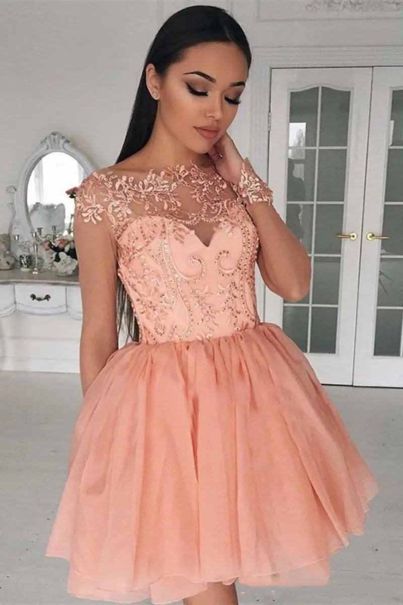 Peach Lace Little Party Dress With Sleeves Bead Dresses Evening Wear Bateau Vestidos Festa Plus Size