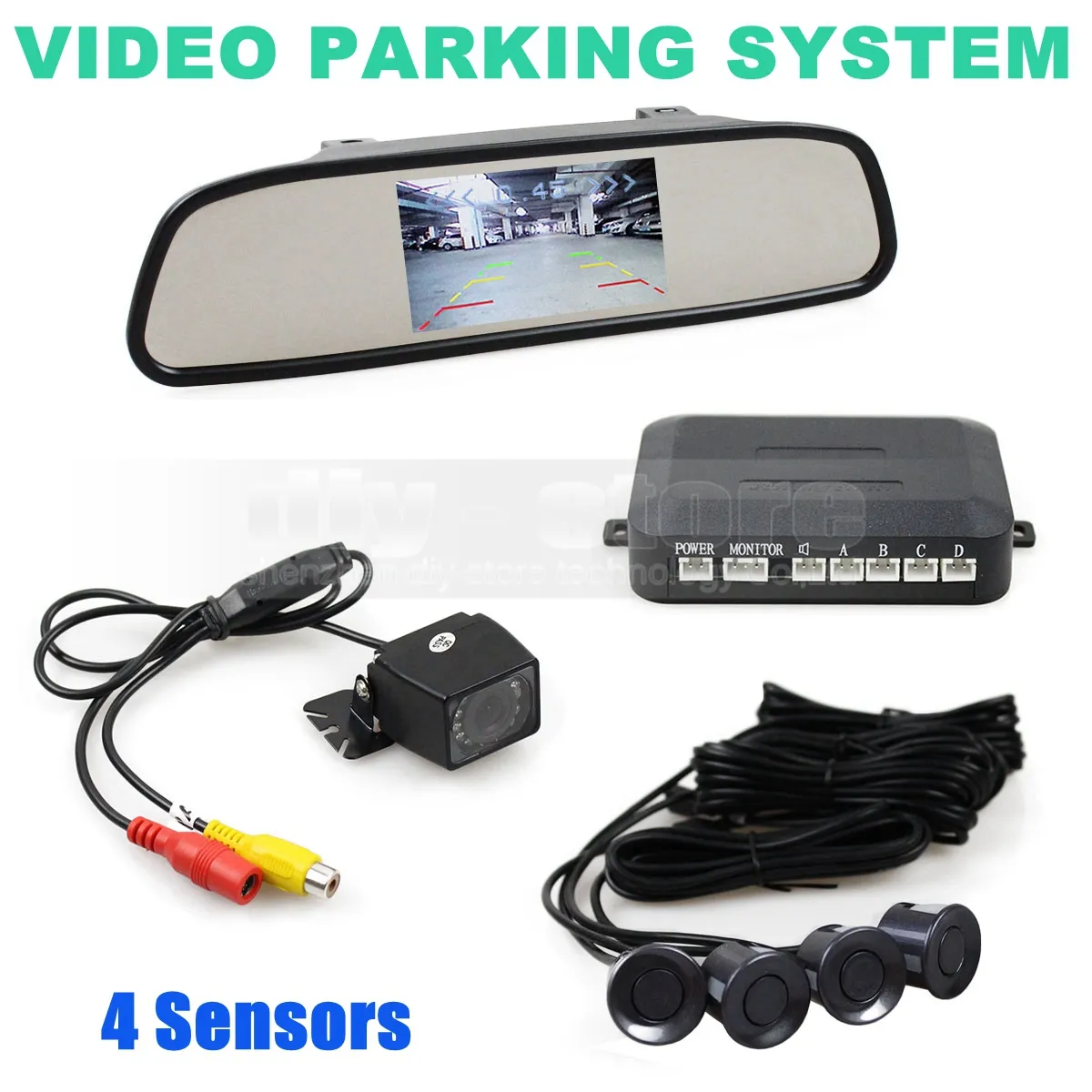 Video Radar di parcheggio 4 sensori Monitor per specchietto per auto da 4,3 pollici + Telecamera per auto con visione notturna HD IR