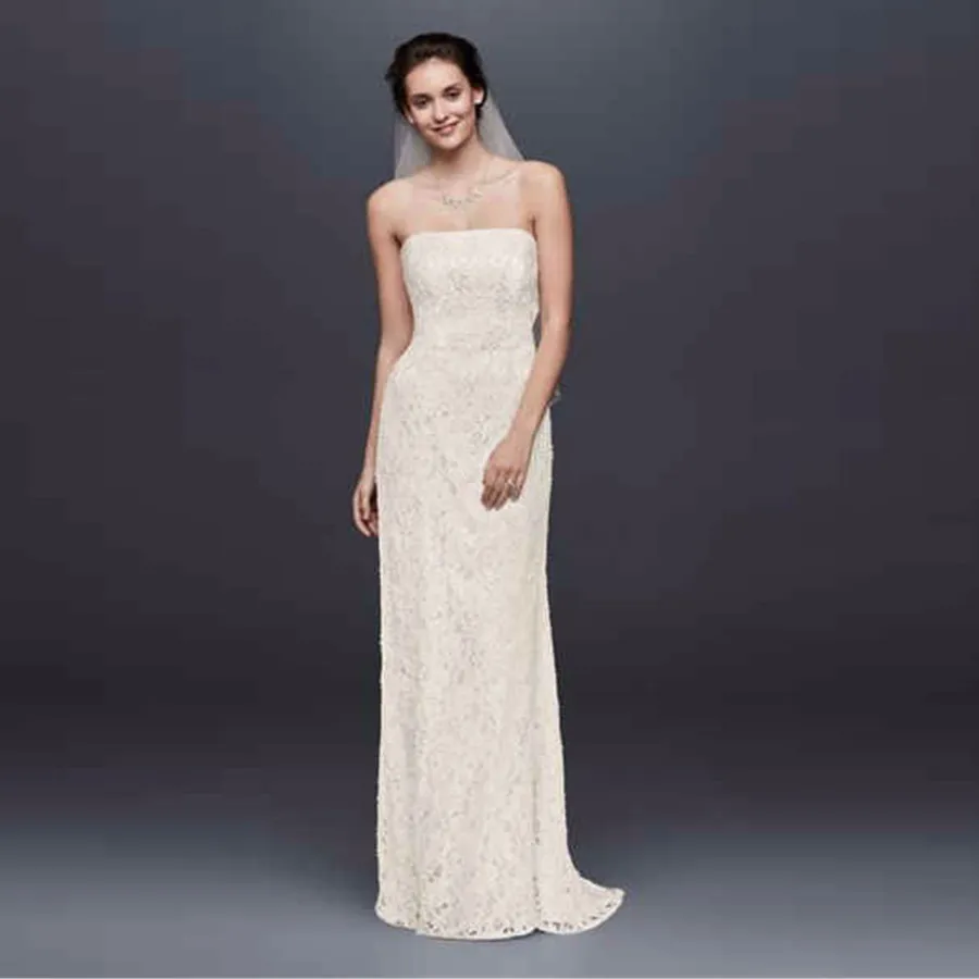 Allover Beaded Lace Sheath Gown with Empire Waist Wedding Dresses Strapless Open Back Lace Designer Sleeveless Bridal Gowns S8551