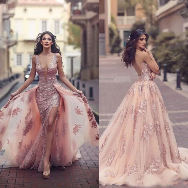 Saudiarabiska Blush Pink Aftonklänningar med avtagbar tåg Sheer Illusion Bodice Lace Applique Mermaid Long Side Split Prom Dress