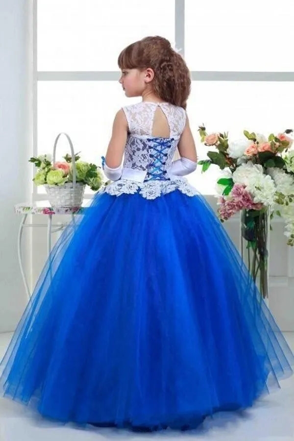 Fantastiskt 2017 Senaste Pageant Klänningar för Tonåringar Juvel Neck Vit Lace Täckt Bodice Royal Blue Organza Ball Gown Kjol Tjej Formella Klänningar