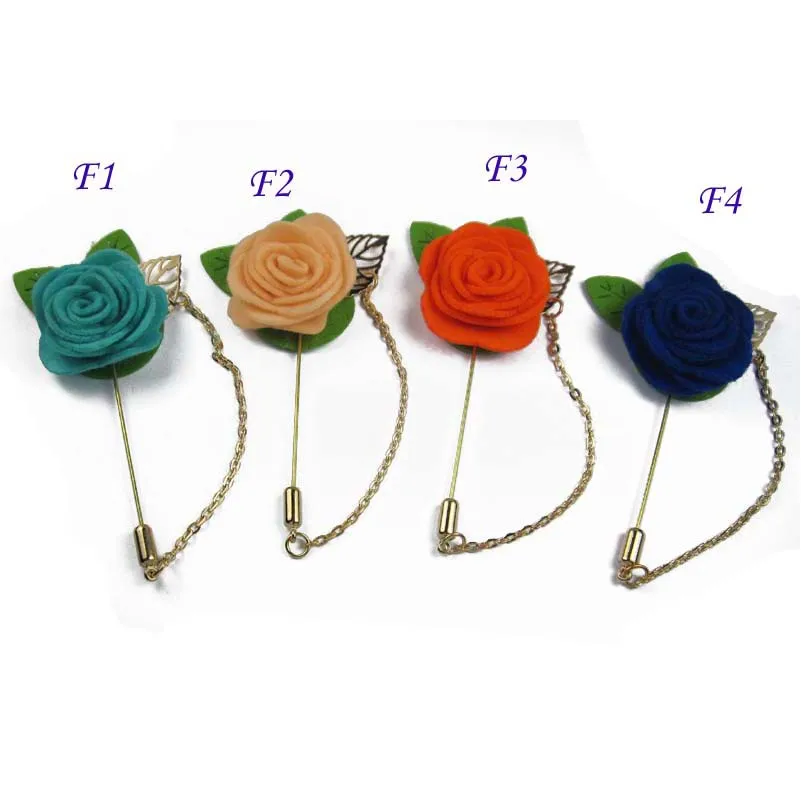 GRATIS frakt! 12PC / Parti 4cm filtblommor Leaf Male Tillbehör Vintage broscher Golden Stick Pin Män passar lapelstift med kedja