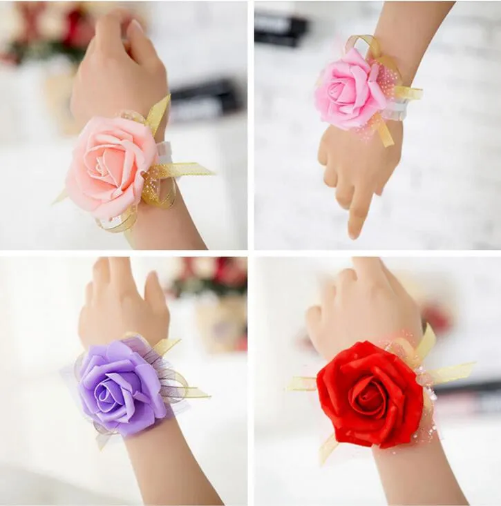 8 cm Handgelenk Blume Rose Seidenband Braut Corsage Hand dekoratives Armband Armband Brautjungfer Vorhang Band Clip Bouquet G1130262o