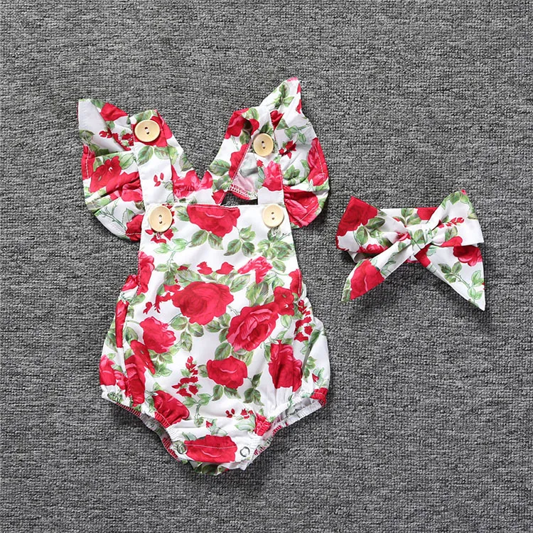 Baby Girl Floral Rompers Bodysuit med huvudband Ruffles Sleeve Set Knappar Sommar Ins Romper Passar 6 stilar