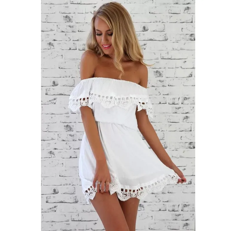 Mode vrouwen Elegante Vintage zoete kant witte Jurk stijlvolle sexy schuine hals casual slanke strand Zomerjurk vestidos