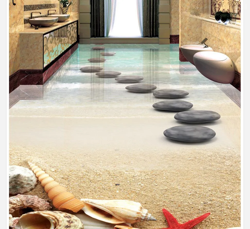 High Quality Customize size Modern Beach starfish shell stone bathroom 3D floor tiles waterproof wallpaper for bathroom wall1592711