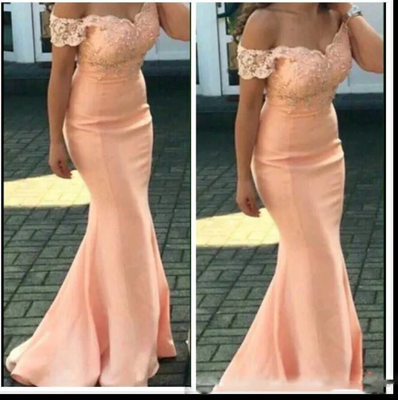 Vestidos de dama de honor 2019 Nuevo Barato para bodas Gorro de melocotón Mangas Apliques de encaje Sirena Longitud del piso Tallas grandes Vestidos formales de dama de honor