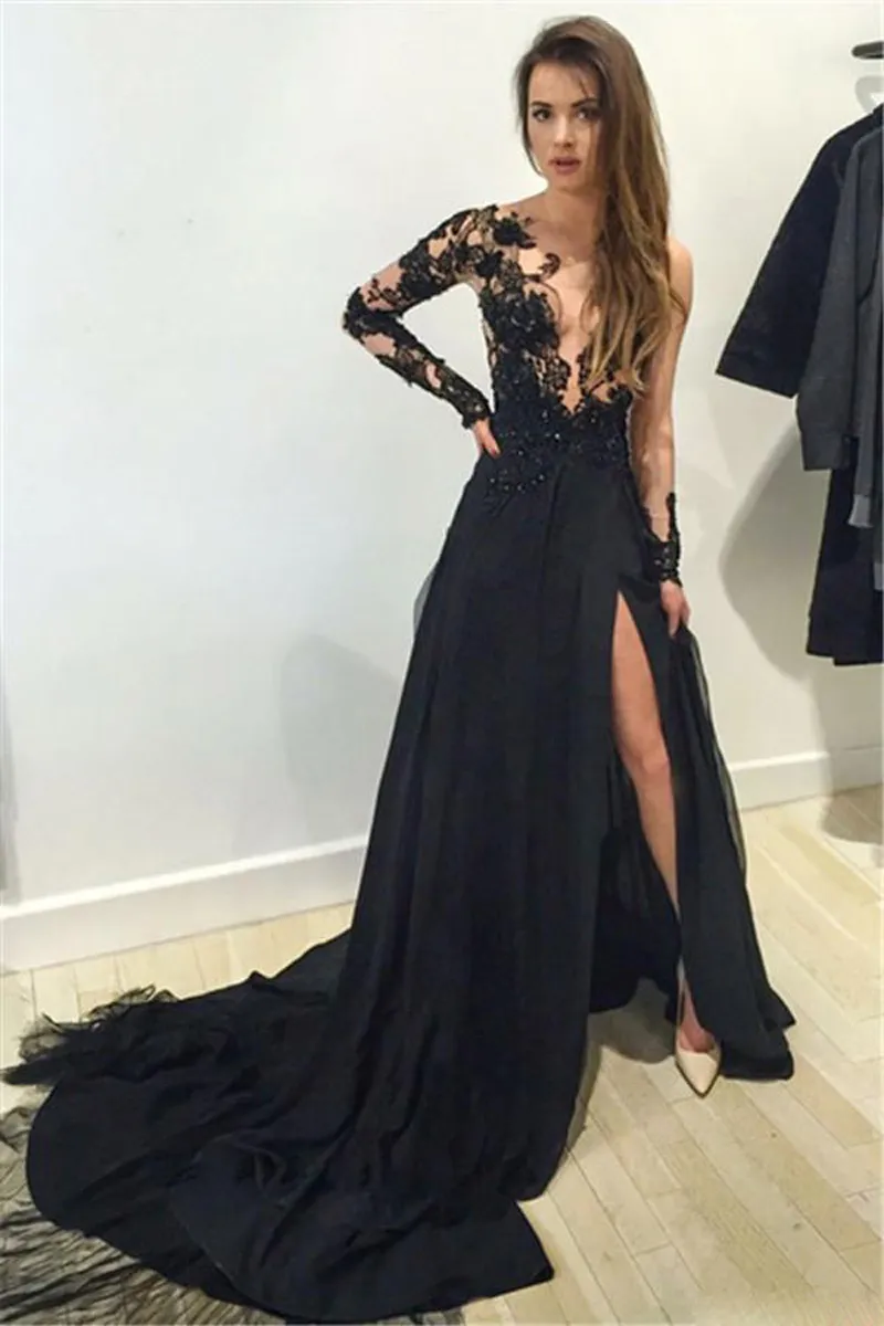 2018 Elie Saab Sexy mangas compridas preto dividir vestidos de noite Custom Made até o chão ilusão Lace Top frisada Chiffon festa Vestidos de baile