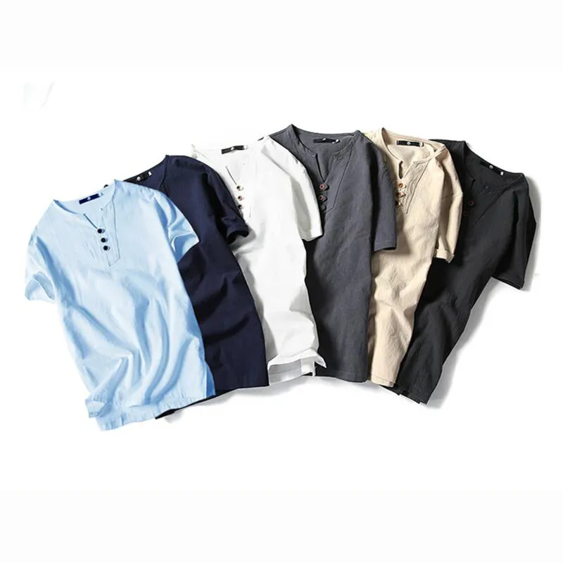 Chinese style tshirt for men summer plus size loose cotton short sleeve v neck t shirt for men fashion poloshirt shirt men 