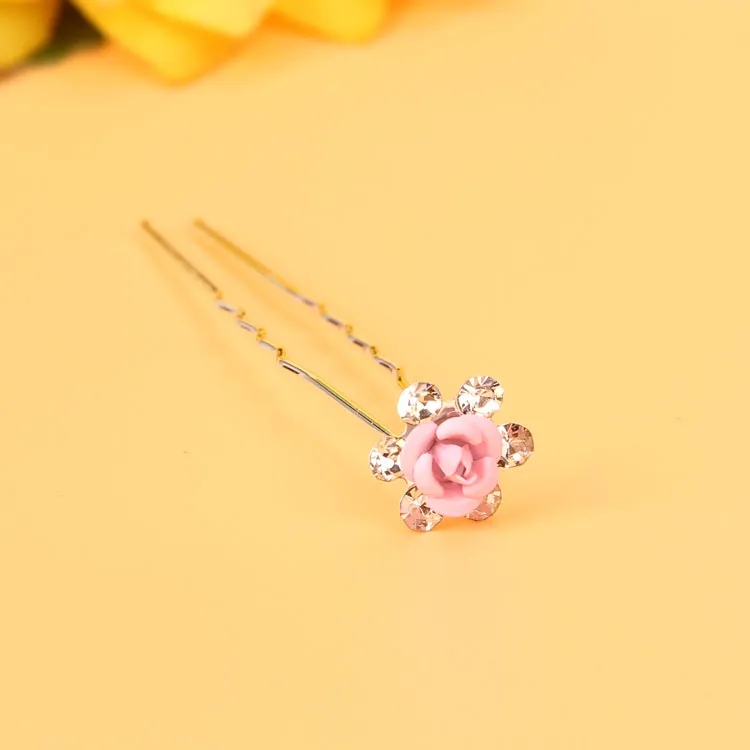 10st Rose Rhinestone U Shaped Hairpins Clear Crystal Headpieces Wedding Bridal Hair Prom Pins Multi Color