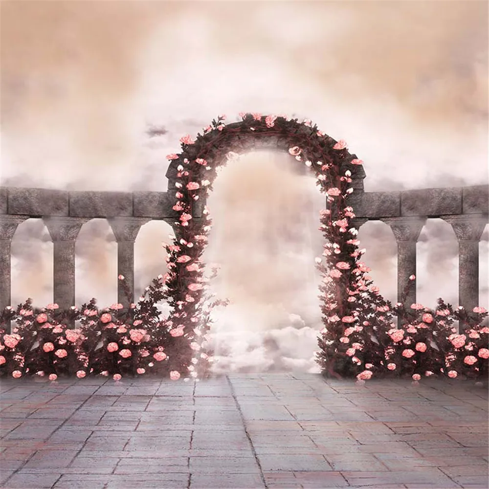 Pink Roses Arched Door Romantic Wedding Backdrop Photography Spring Flowers Blossom Sunshine Soft Cloud Paradise Fantasy Background