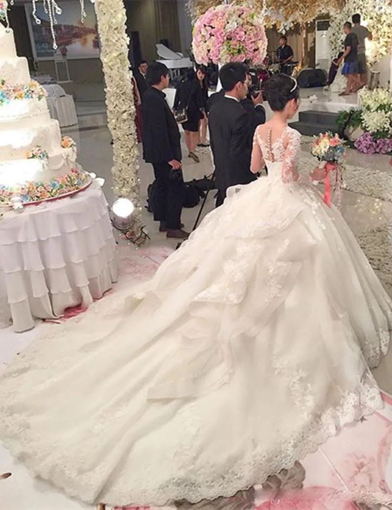 Свадебное платье с скользящим шлейфом Vestidos с длинными рукавами и иллюзией