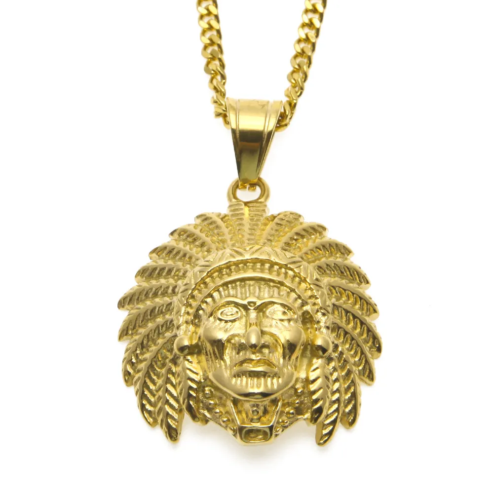 Hip Hop Indian Head Shaped Pendant Necklace Gold Plated Tutankhamun Charm Jewelry For Men Women With 24'' Cuban Chain