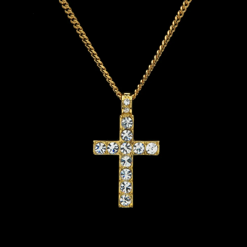 Hip Hop Korshänge Män Kvinnor Iced out Guld Silver Färg Bling Strass Kristall Korshänge Halsband Kedja Drop Shipping