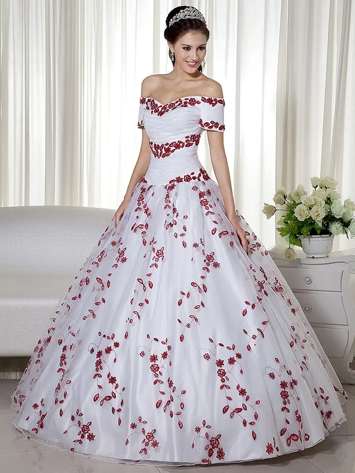 Red And White Colorful Wedding Dresses 2020 Ball Gown off the Shoulder Embroidery Beaded Corset Back Princess Non White Bridal Gowns Colored
