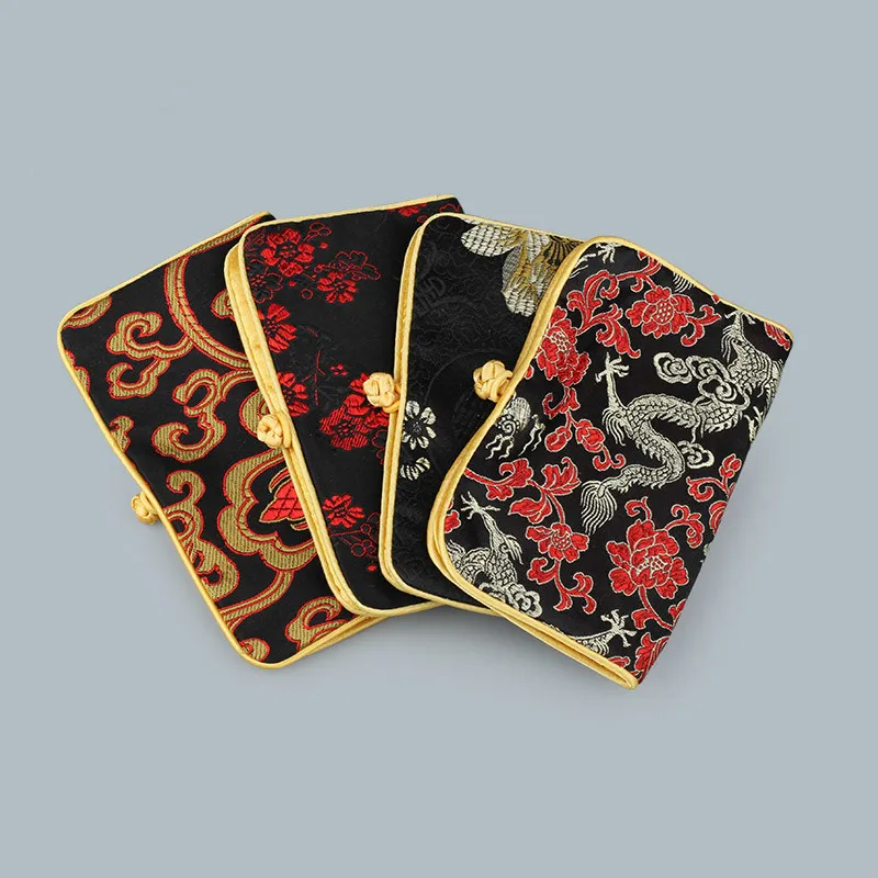 Luxury Floral Portable Folding Jewelry Roll Travel Storage Bag Chinese Style Silk Brocade 2 Zipper Packaging Pouch3918647