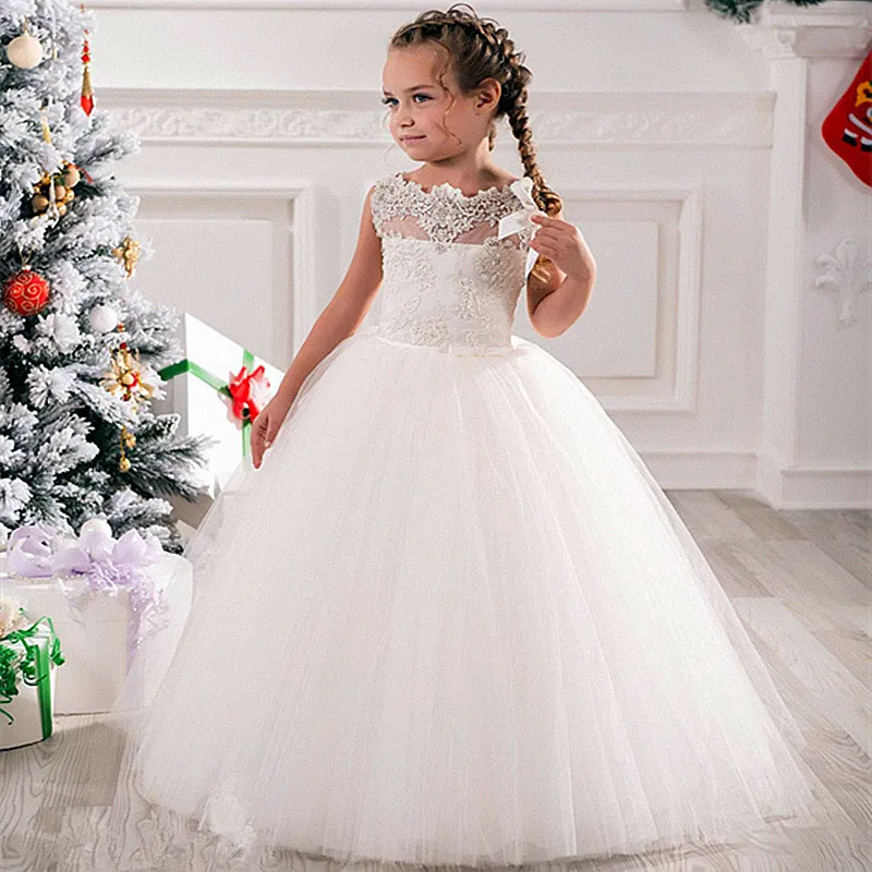 Cheap Flower Girls Dresses Tulle Lace Top Spaghetti Formal Kids Wear For Party Toddler Gowns305d