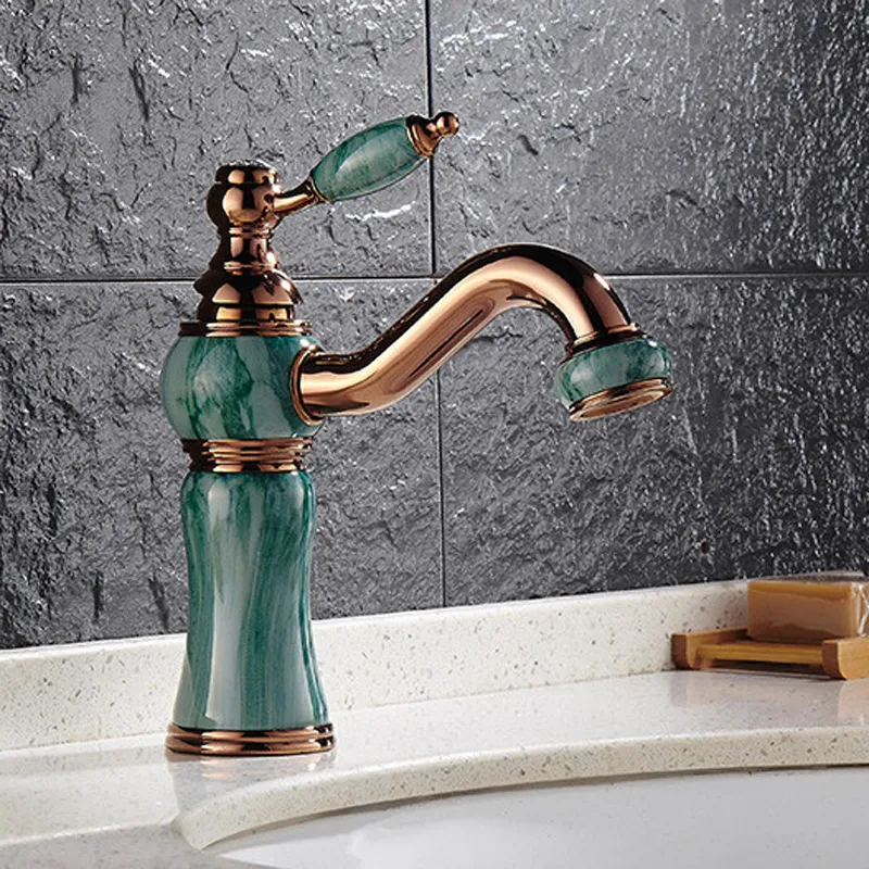 European Style Cheap Bathroom Sink Faucets With Jade Painting/ Rose Golden 360 Rotatable Bathroom Faucets For Vessel Sinks HS328