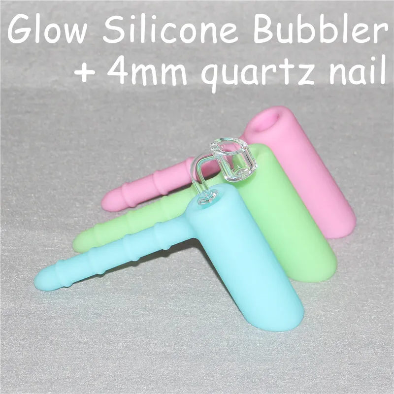 Glöd i mörk silikon hammare bubblers med klar 4mm 18.8mm Man Quartz Nails Silicone Showerhead Bong Silikon Bubblers Rökning Rör