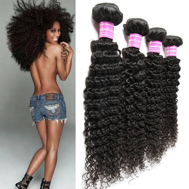 Dhgate Natural Black Bemiss Hair Kinky Curly Virgin人間の髪の毛織物ブラジルのマレーシアのインドのペルーのカンボジアのモンゴルの髪の束