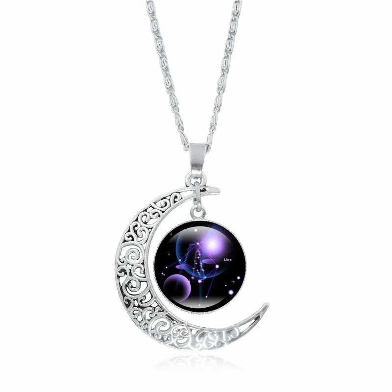 Märke Explosive 12 Constellations Ädelsten Halsband Silver Moon Hängsmycke Necklaces N565 med kedja Blanda Beställ 20 stycken mycket