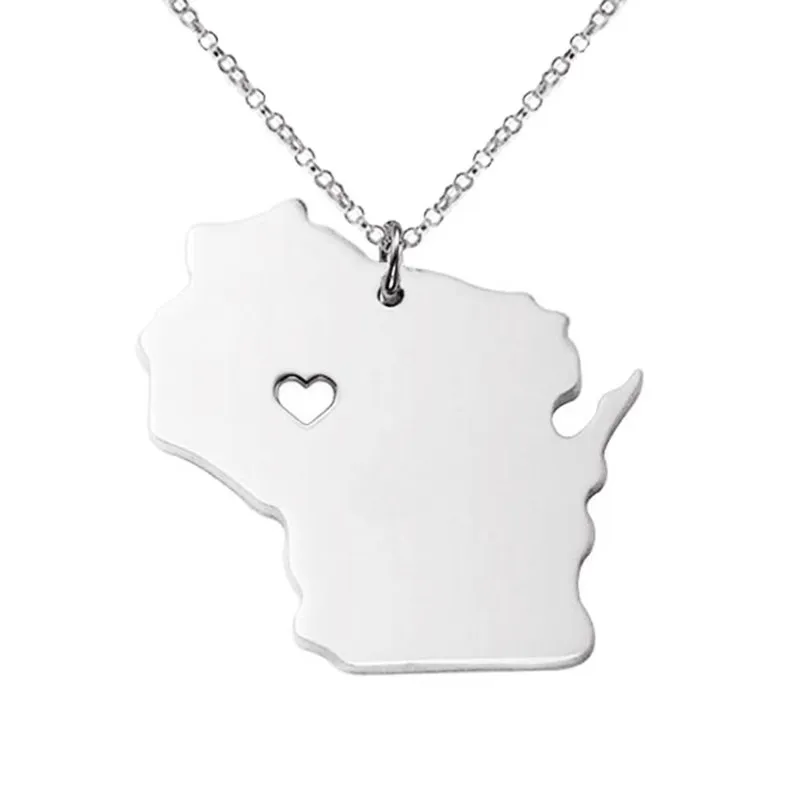 Wisconsin Kaart Roestvrij Stalen Hanger Ketting met Liefde Hart USA Staat WI Aardrijkskunde Kaart Kettingen Sieraden voor Vrouwen en Mannen