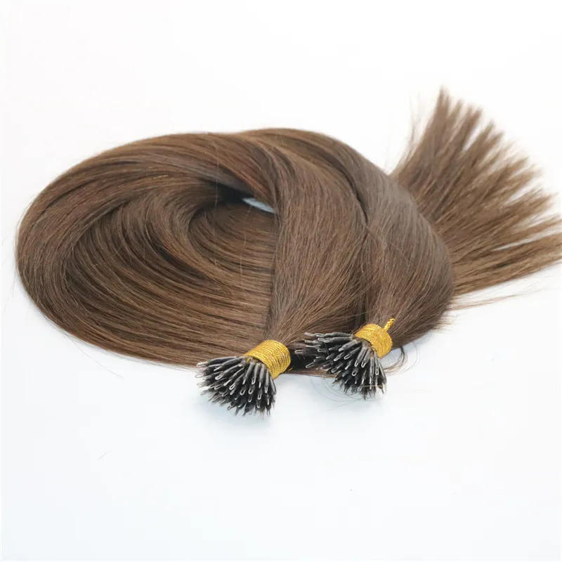 Remy Nano Ring Hair Extensions #4 Dark Brown Virgin Brazilian Human Hair Pre bonded Mrico Nano Beads Ring Loop Hair Extensions 1g/str