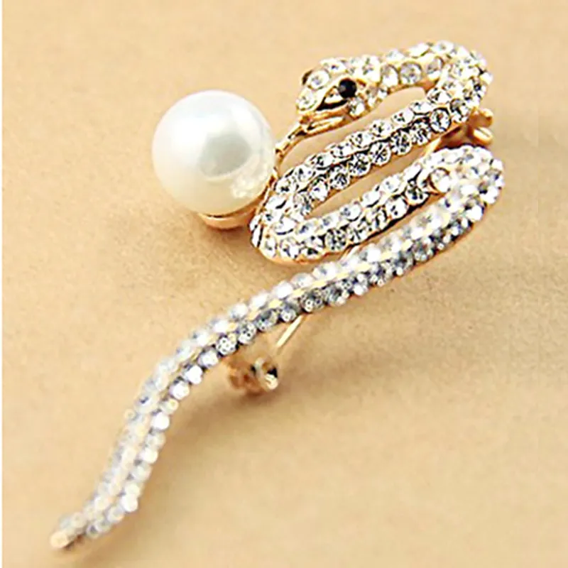 Quality Shiny Diamond Crystal Snake Brooch For Women Scarf Pins Shell Pearl Brooches 18K Real Gold Plated Wedding Party Jewelry Gifts