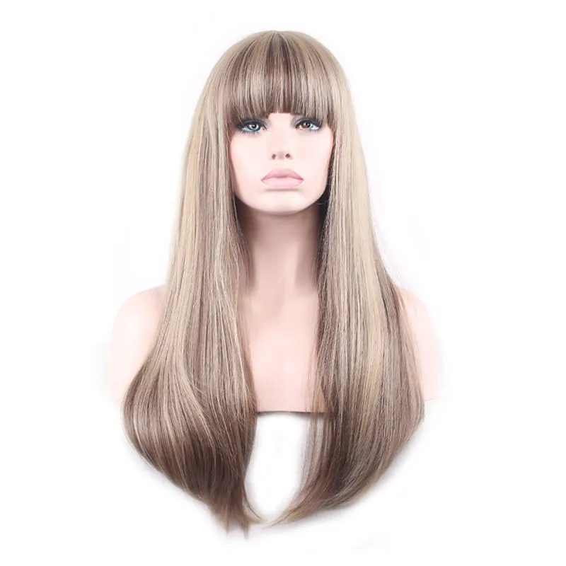 Perucas sintéticas woodftival peruca sintética com franja feminino co's perucas de cabelo longo e reto ombre loiro preto mix cor marrom escuro