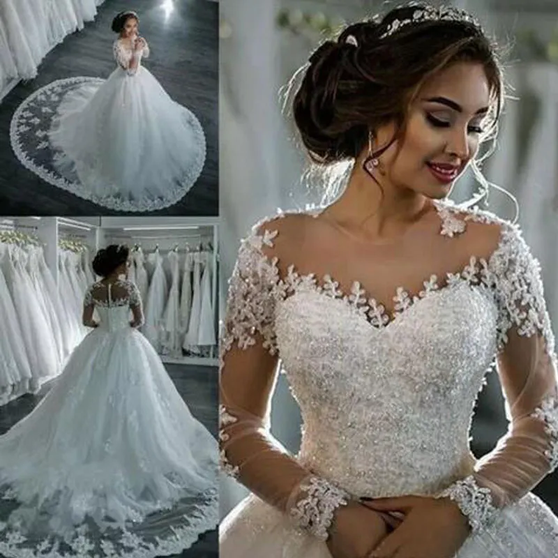 Princess Lace Ball Gown Wedding Dresses Vestido De Novia Illusion Long Sleeve Beaded Lace Appliques Puffy Bridal Gown with Train