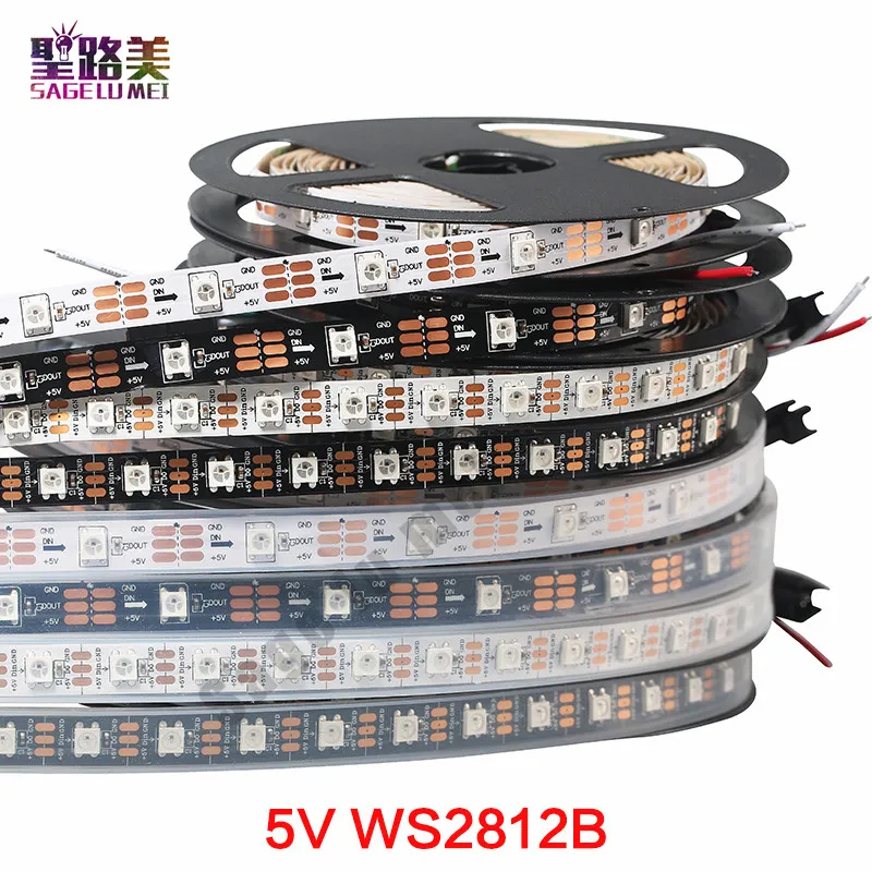 DC5V ayrı ayrı adreslenebilir ws2812b led şerit açık beyaz / siyah PCB 30/60/144 piksel, akıllı RGB 2812 led bant şerit su geçirmez IP67 / IP20