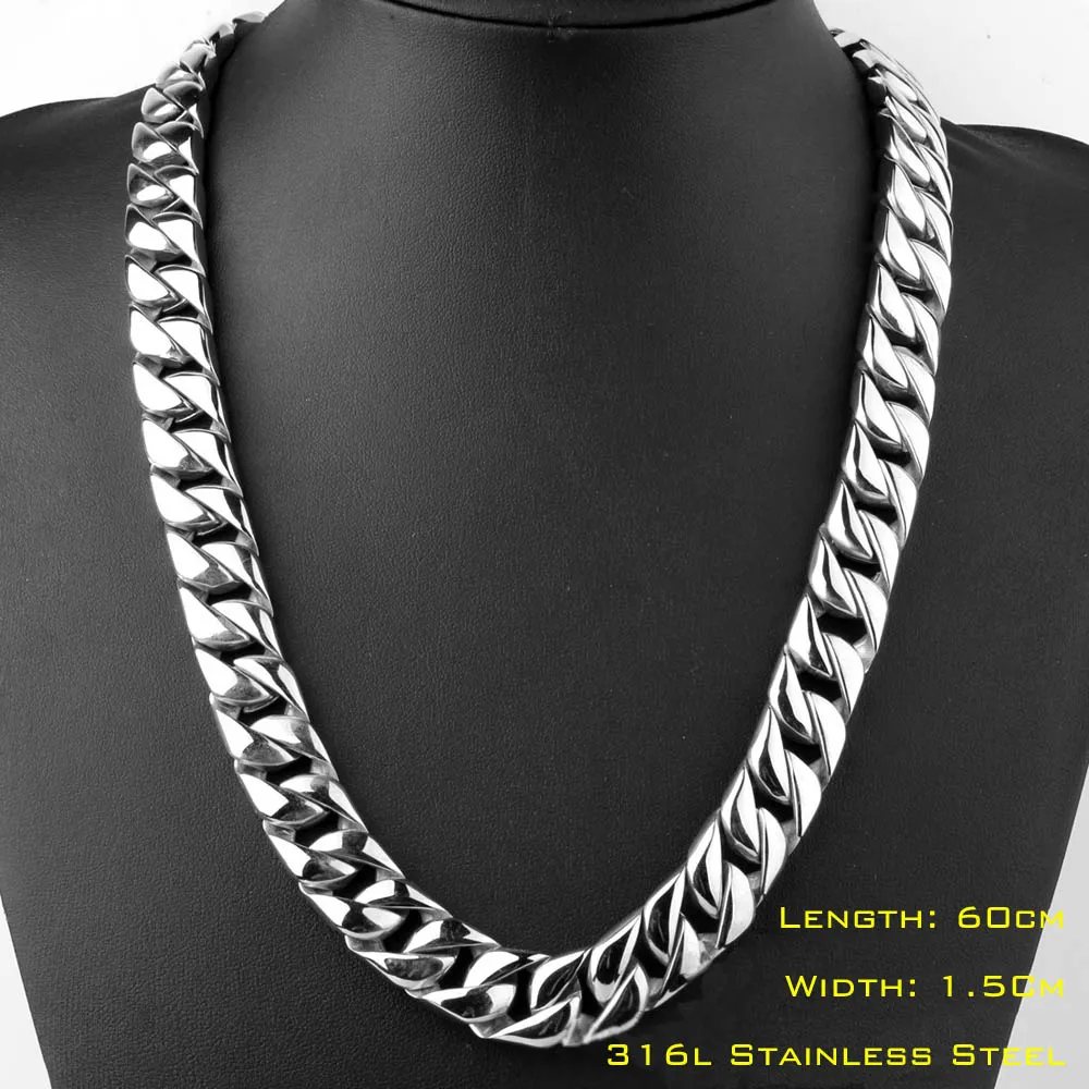 Heavy Cuban Link Chains Necklaces Singer Rocker For Mens Exaggerated Punk Curb Chain High Quality Real 316L Stainless Steel Jewelry 60cm 1.5cm