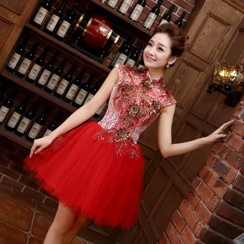 Estilo Chinês vestidos de noite meninas românticas mulheres vestido de noiva 2017 novo pescoço alto bola de baile de primeira festa homecoming formal vestido formal