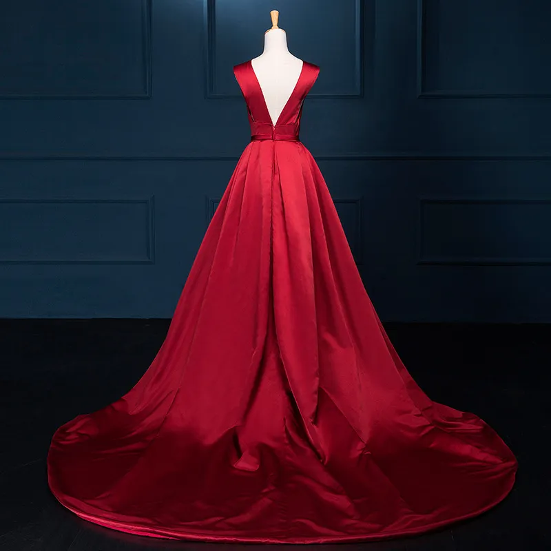 Потрясающие вечернее платье темно-красный атлас с вышивкой рукавов развертки поезд спинки длинные платья выпускного вечера реальные фото высокое качество темно-красный