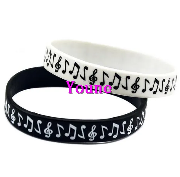 50PC New Design Classi Logo Music Note Silicone Wristband Bracelet for Student Black White 285d