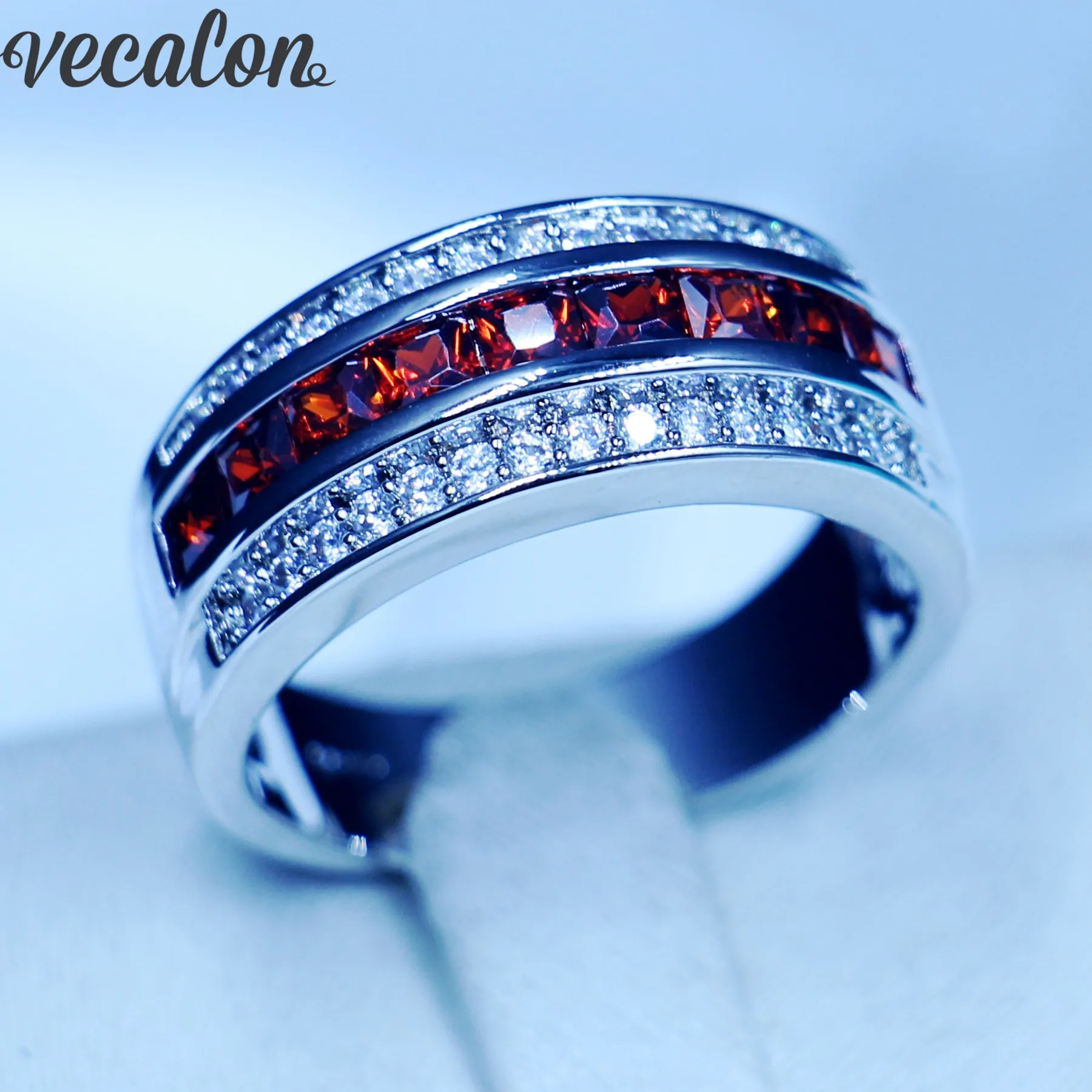 Vecalon Jewelry Anelli per fedi nuziali per feste con granato rosso Cz per uomo Anello per fascia di fidanzamento maschile in oro bianco 10KT